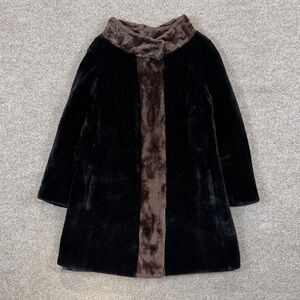 Vintage Glensea By Glenoit Black Fur Coat Womens S Brown Collar Trim Mid Length